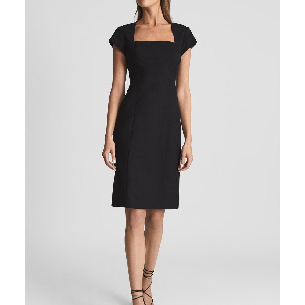 Reiss Haisley Tailored Shift Dress Black Wool Blend Square Neck Knee Length 10